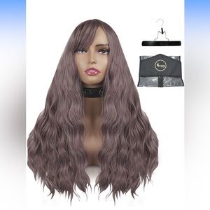 24 Inch Brown Curly Wig with Bangs Heat Resistant Synthetic Realistic Hair